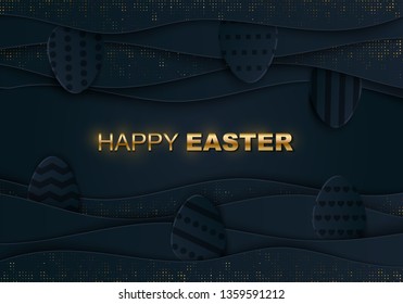 Happy Easter greeting banner with a gold lettering. Paper cut Layered Eggs Hunt. Geometric Luxury holiday symbol for fashion, shopping sale banners, voucher, add, e-mail letter. Vector Illustration