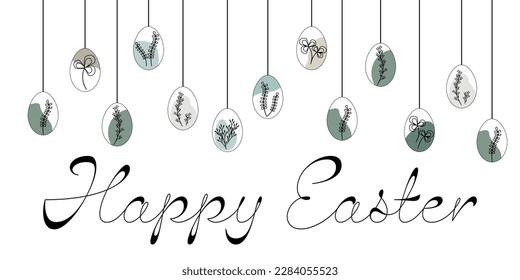Happy Easter greeting banner with hanging Easter eggs in modern style painted with flowers and leaves. For Easter greetings.