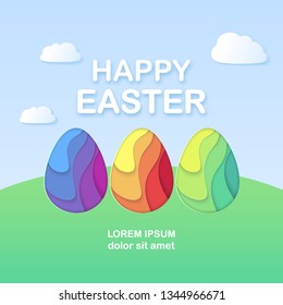 Happy Easter greeting banner with a lettering. Paper cut Eggs. Cute geometric holidays colorful backdrop. Layered easter hunt, funny sale banner, voucher, add, article, web. Vector Illustration