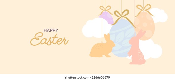 Happy Easter greeting banner with rabbits, egg and clouds. Vector illustration.
