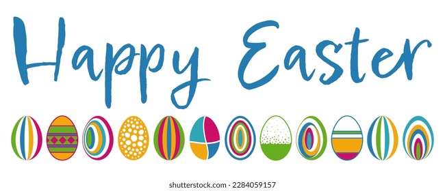 Happy Easter greeting banner with a set of colorful Easter eggs.