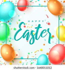 Happy Easter greeting banner. Vector illustration with realistic colorful Easter eggs and sweets. Spring holiday card. Promotion festive background with holiday symbols and satin ribbons.