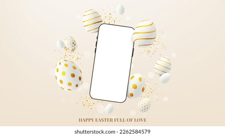 Happy Easter greeting banner. Vector holiday illustration with phone with blank display, decorative eggs and golden confetti. Happy Easter banner for presentation of products or goods.