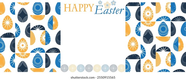 happy Easter greeting banner, web, background, poster, template Layout. Easter eggs, bunny ears Simple flat organic line, contemporary mid century blue yellow white design 