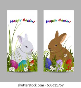 Happy Easter greeting banners. Cute gray and white rabbits sitting in green grass with colored eggs. Vector illustration on white background.