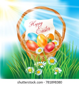 Happy Easter greeting . Basket, Easter eggs and grass. Blue skies and sun rays.