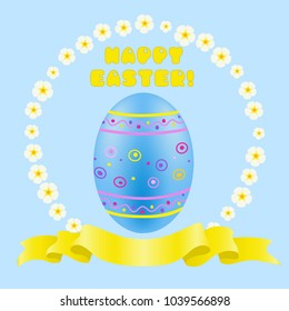 Happy Easter greeting with blue painted egg and golden ribbon