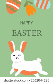 Happy easter greeting with bunny and colorful eggs on green background. Easter abstract modern geometry card.