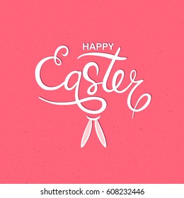 Happy Easter Greeting with Bunny ears. Funny poster in vector isolated on pink background