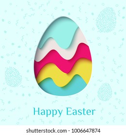 Happy Easter greeting card. 3d paper cut easter egg concept design background. Vector illustration. Paper carving egg shape with shadow