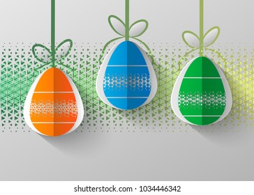  Happy Easter greeting card. 3d paper cut easter egg concept design background. Vector illustration. Paper carving egg shape with shadow