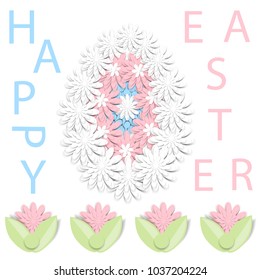 Happy Easter. Greeting card with 3d paper flowers and decorative egg. Romantic design with paper cut flovers in pastel colors.