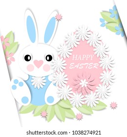 Happy Easter. Greeting card with 3d paper flowers, decorative egg and easter bunny. Romantic design with paper cut flovers in pastel colors.