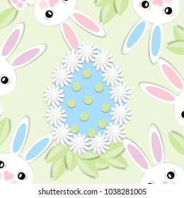 Happy Easter. Greeting card with 3d paper flowers, decorative egg and easter bunny. Romantic design with paper cut flovers in pastel colors.