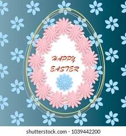 Happy Easter. Greeting card with 3d paper flovers and decorative egg. Romantic design with paper flovers in pastel colors on  blue background.