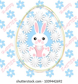 Happy Easter. Greeting card with 3d paper flowers, decorative egg and easter bunny. Romantic design with paper cut flovers in pastel colors.