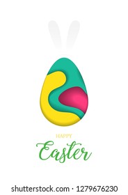 Happy Easter greeting card, 3d paper cut waves in the shape of Easter egg and rabbit’s ears, bright colours. Vector Illustration. 