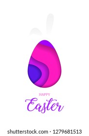 Happy Easter greeting card, 3d paper cut waves in the shape of Easter egg and rabbit’s ears, bright colours. Vector Illustration. 