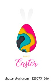 Happy Easter greeting card, 3d paper cut waves in the shape of Easter egg and rabbit’s ears, bright colours. Vector Illustration. 