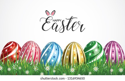Happy Easter Greeting Card. 3D Easter eggs for Holiday background. Vector illustration