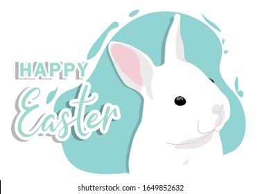 Happy easter. Greeting card  in 3d style with white easter rabbit. Holiday pattern for typography and for your greeting text.  Vector illustration.