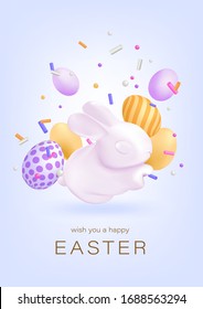 Happy Easter greeting card with 3d composition. Bunny, decorated eggs, confetti in soft pastel colors. Levitating realistic geometric objects. Vector template with mesh effects