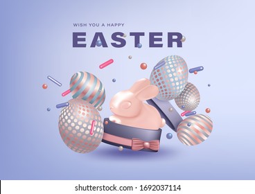 Feliz tarjeta de felicitación de Pascua con composición 3D. Bunny, huevos decorados, confetti en tonos pastel. Levitando objetos geométricos realistas. Plantilla de vectores con efectos de malla