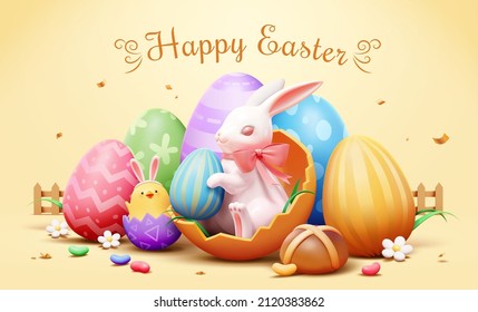 Happy Easter greeting card  3d Illustration Easter bunny sitting in cracked eggshell   chick born from small egg surrounded and colorful Easter eggs yellow background
