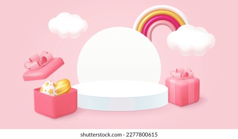 Happy Easter greeting card, 3d realistic gold and white painted eggs in pink gift box with 3d realistic rainbow and clouds. Vector illustration EPS10.