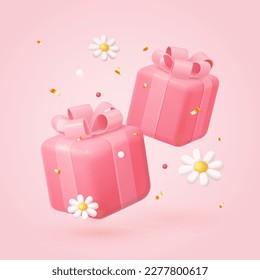 Happy Easter greeting card, 3d realistic gold and white painted eggs in pink gift box. Vector illustration EPS10.