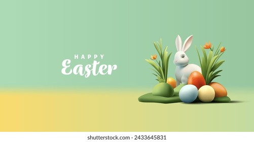 Carte de voeux Joyeuses Pâques avec rendu 3d OEufs de Pâques et fleurs de lapin et d'orange et calligraphie : image vectorielle de stock