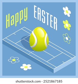 Feliz Pascua. Tarjeta de felicitación con huevo de Pascua en 3D como pelota de tenis y pista de tenis isométrica. Ilustración vectorial.