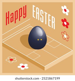 Happy Easter. Greeting card with 3D Easter egg as a squash ball and Isometric squash court. Vector illustration.