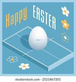 Happy Easter. Greeting card with 3D Easter egg as a ping pong ball and Isometric ping pong table. Vector illustration.