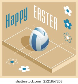 Happy Easter. Greeting card with 3D Easter egg as a volleyball ball and Isometric volleyball court. Vector illustration.