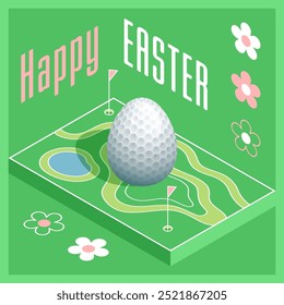 Happy Easter. Greeting card with 3D Easter egg as a golf ball and Isometric golf course. Vector illustration.