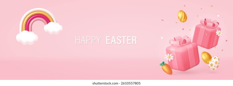 Happy Easter greeting card, 3d realistic gift box with gold and white painted eggs, rainbow and cloud.