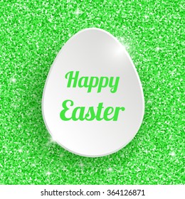 Happy Easter Greeting Card with 3d White Paper Egg on Green Glitter Dust Sparkle Background