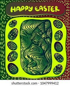 Happy Easter greeting card. Abstract decorative illustration with easter eggs. Phrase Happy Easter. Lettering