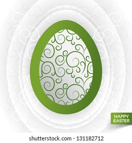 Happy easter greeting card with abstract green floral egg (vector). Decorated egg with pattern. White ellipses.