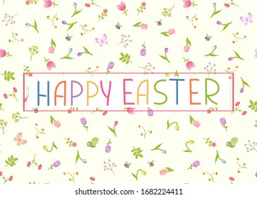 Happy Easter greeting card with abstract flowers, tulips, snowdrops, butterflies and bees. Vector illustration in simple flat style. Colored stock illustration