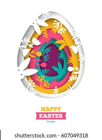 Happy Easter greeting card with abstract egg and paper cut shapes on white background. Vector illustration. Colorful 3D carving art, floral elements and rabbits