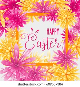 Happy Easter greeting card with abstract flowers and watercolor imitation background. Vector illustration.