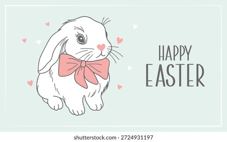 Tarjeta de felicitación feliz de Pascua con el conejito adorable con el arco rosado. Anuncio festivo.