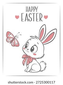 Tarjeta de felicitación feliz de Pascua con el conejo adorable con la mariposa. Anuncio festivo.