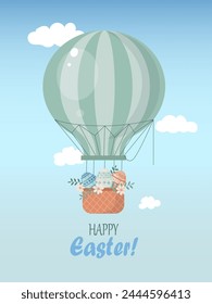 Happy easter greeting card with  air balloon and Easter eggs, flowers.