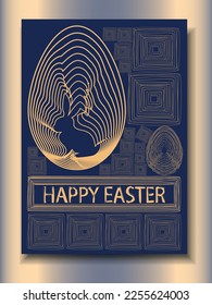 happy Easter greeting card in Art-Deco style vector, deep blue and gold colors 