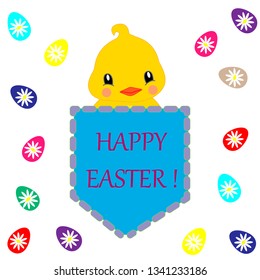 happy easter greeting card with a baby chicken in the pocket.vector illustration isolated on white background with easter eggs for t-shirt print,wallpaper,poster and other uses. 