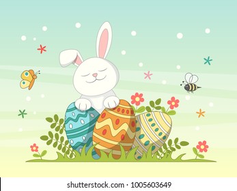 Happy easter greeting card. Background with rabbit and eggs.