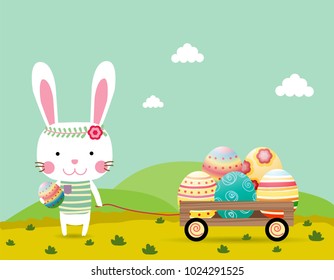 Happy Easter greeting card background. Invitation vector illustration vintage. Cartoon rabbit and eggs.